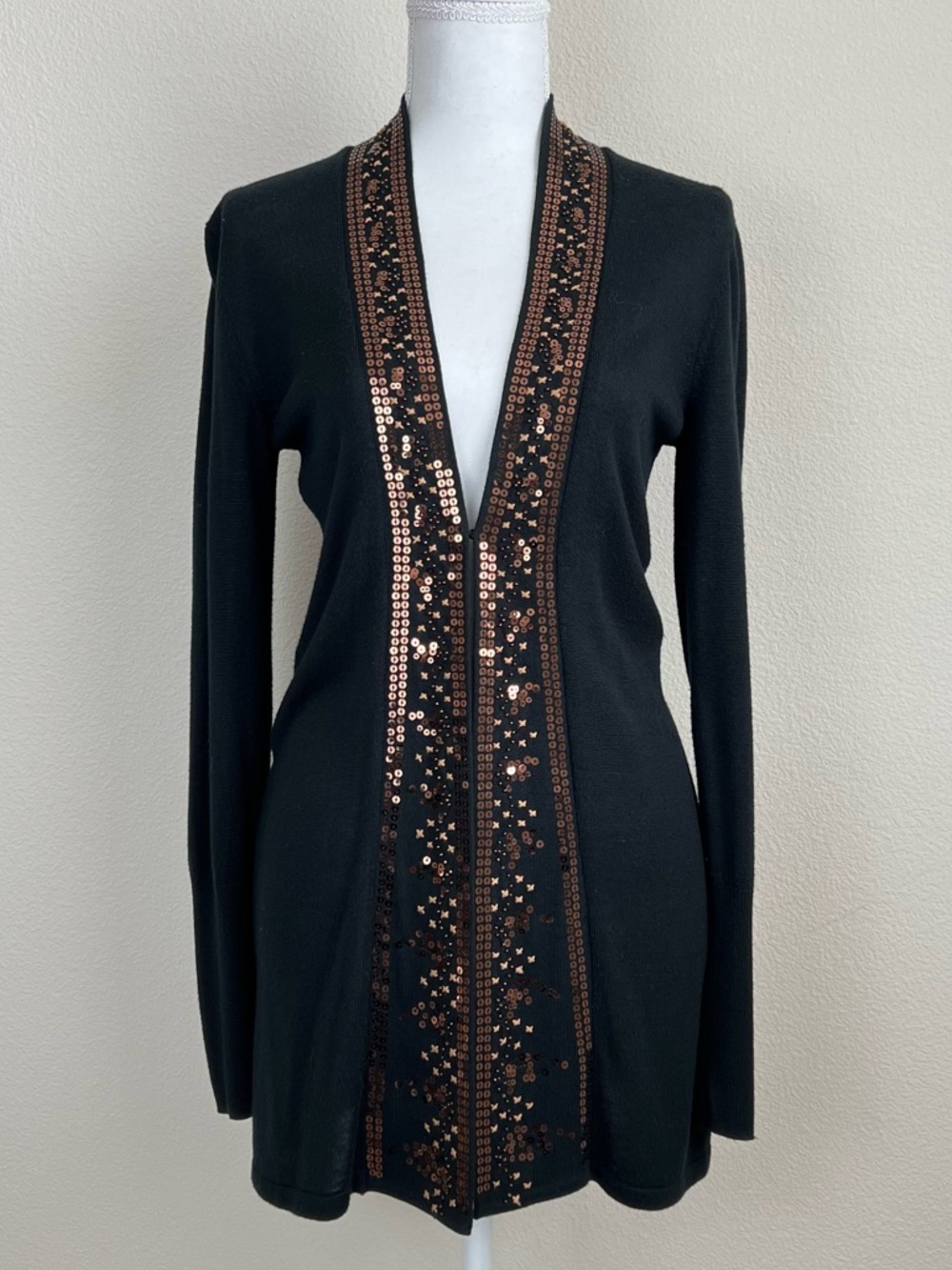 Soma Black Open Front Cardigan Sequin Trim Long Sleeve Witchy Lightweight XS